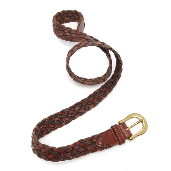 Vintage Leather Braided Belt Solid Brass Buckle Browns Retro Unisex 1990s - Picture 2 of 10